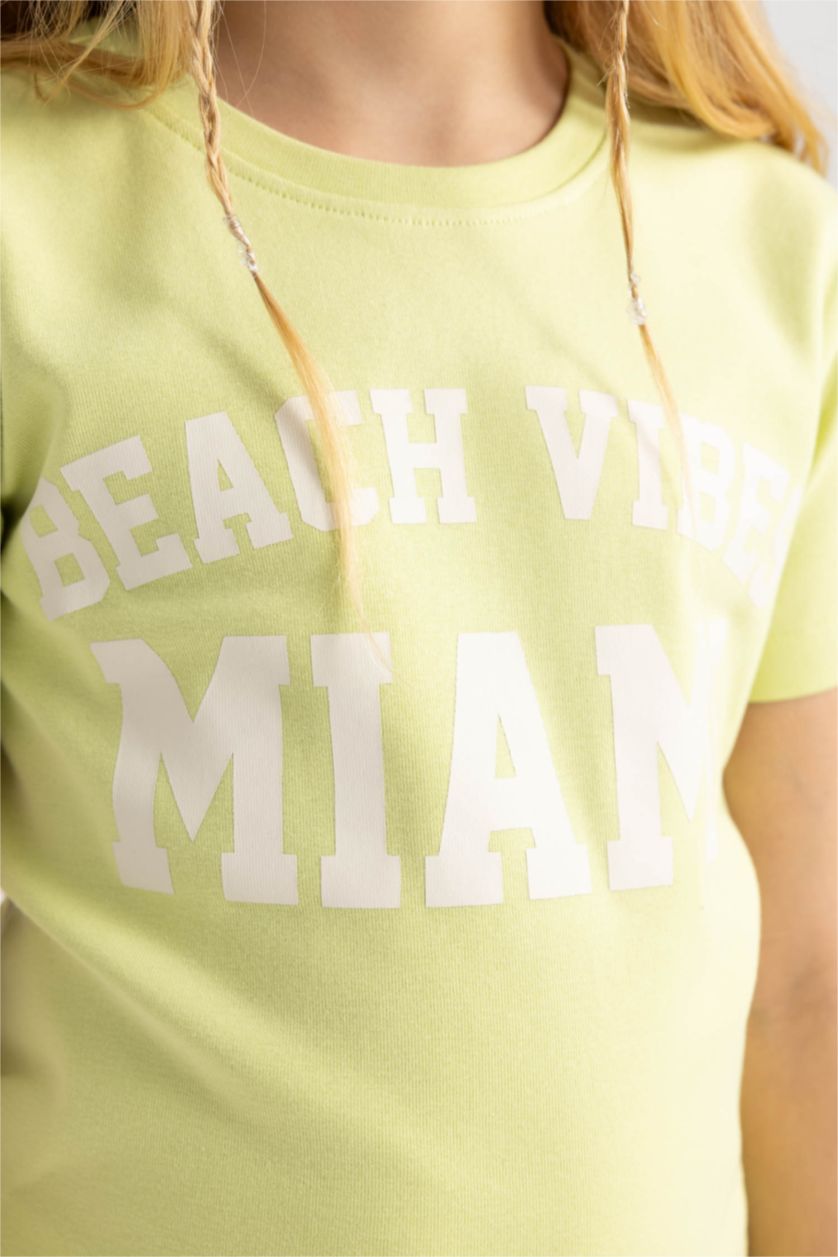 Kız Çocuk - Genç Kız Açık Yeşil Slim Fit Dar Kesim Bisiklet Yaka Baskılı Fitilli Kaşkorse Kısa Kollu Tişört Kız Çocuk