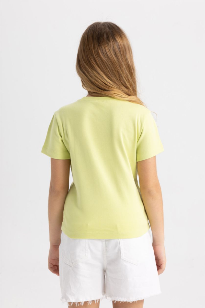 Kız Çocuk - Genç Kız Açık Yeşil Slim Fit Dar Kesim Bisiklet Yaka Baskılı Fitilli Kaşkorse Kısa Kollu Tişört Kız Çocuk