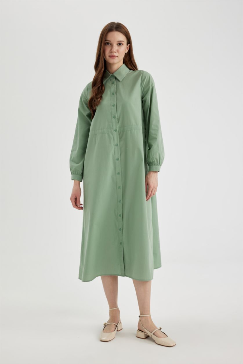 WOMAN Light Green Shirt Collar Poplin Long Sleeve Dress