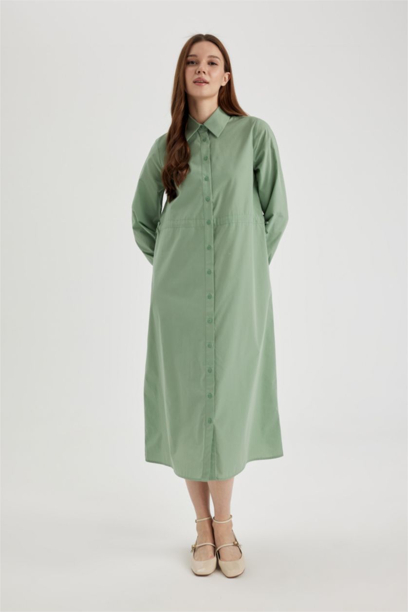 WOMAN Light Green Shirt Collar Poplin Long Sleeve Dress
