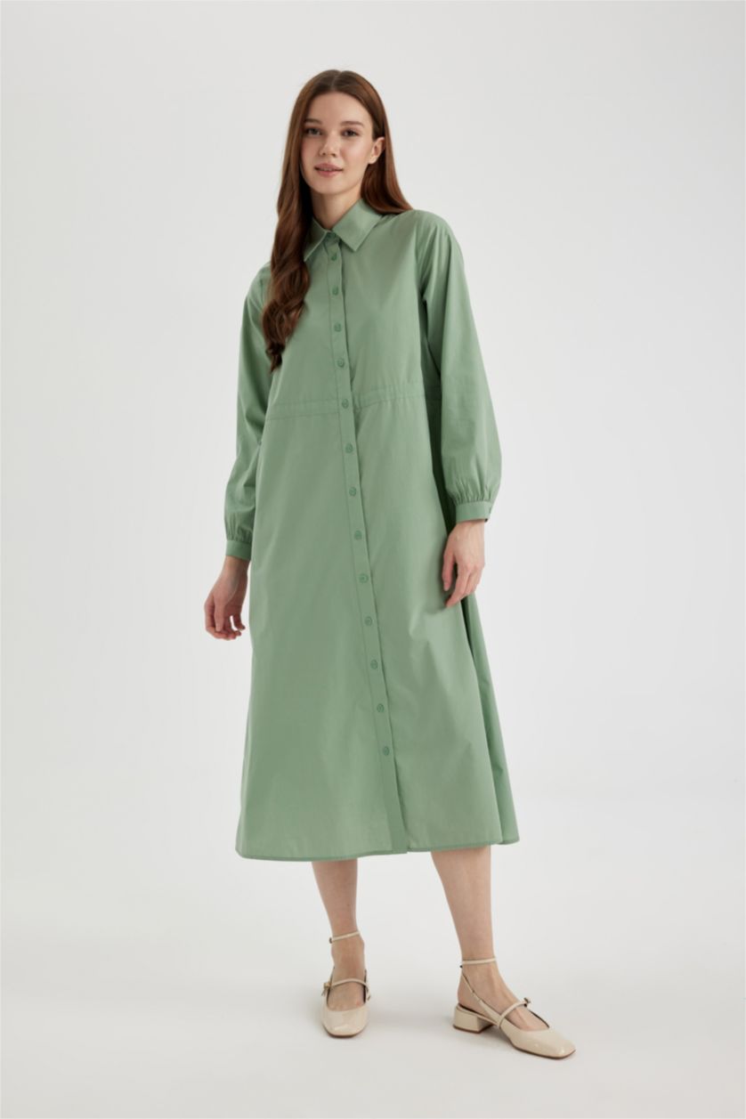 WOMAN Light Green Shirt Collar Poplin Long Sleeve Dress