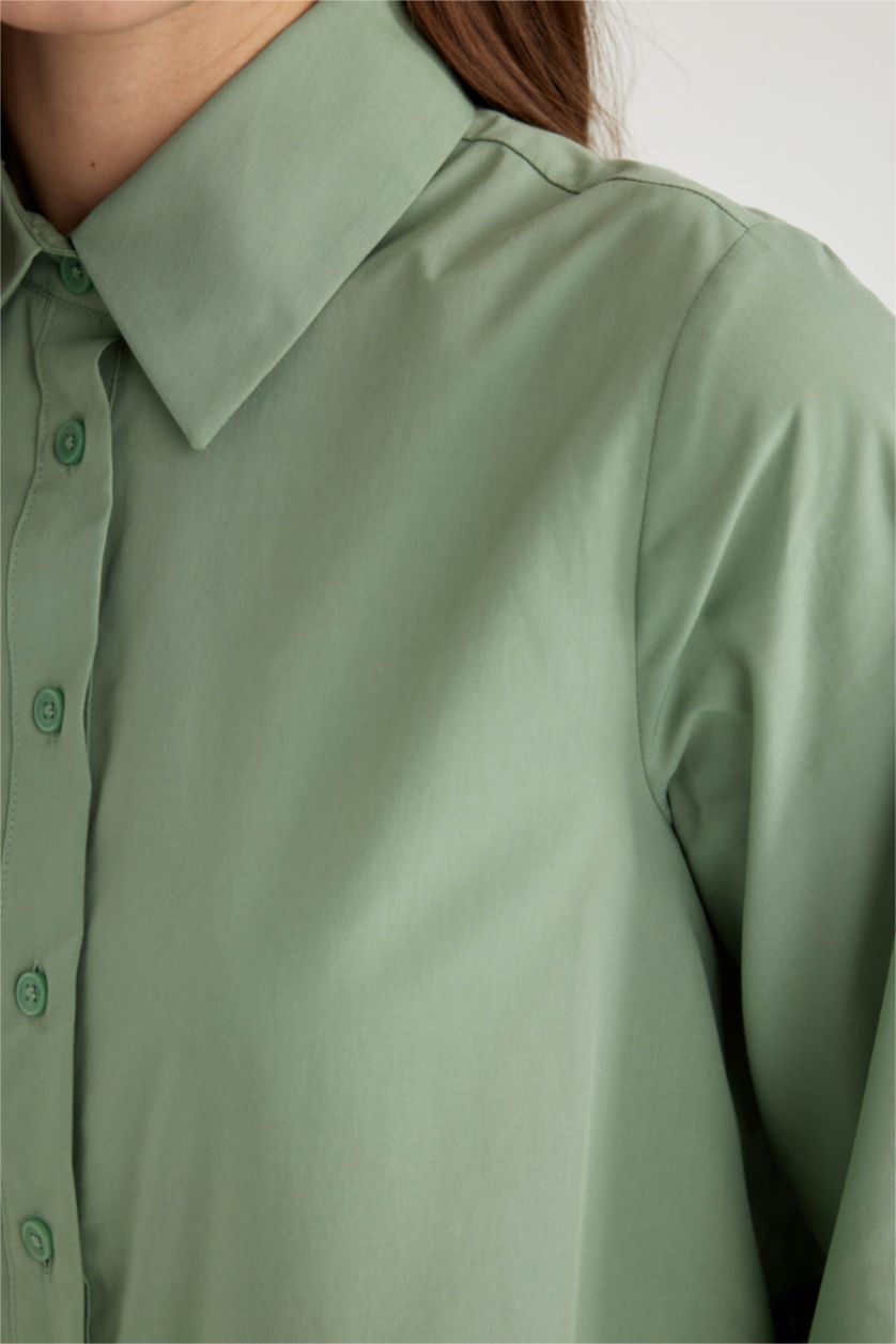 WOMAN Light Green Shirt Collar Poplin Long Sleeve Dress