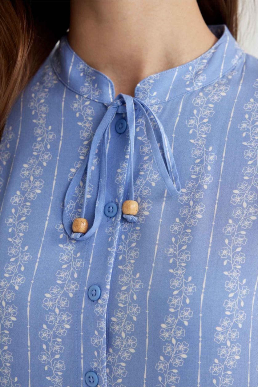 حريمي أزرق فستان كم طويل مطبوع بياقة عالية