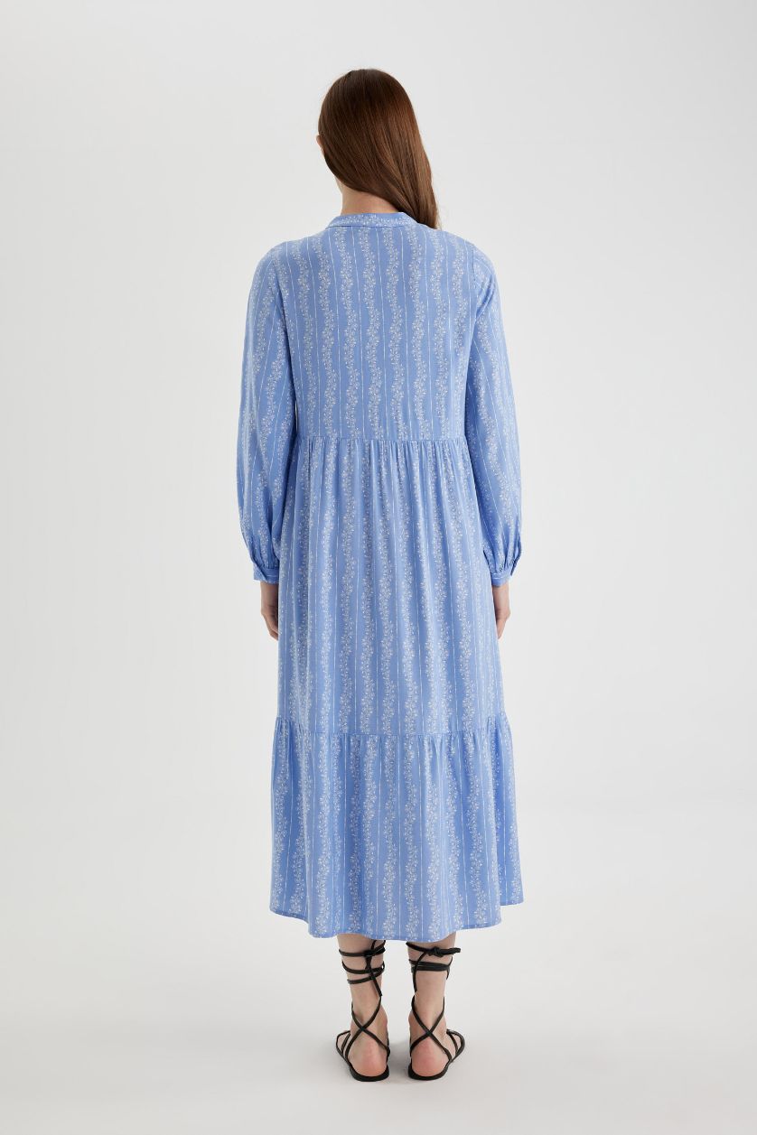 حريمي أزرق فستان كم طويل مطبوع بياقة عالية