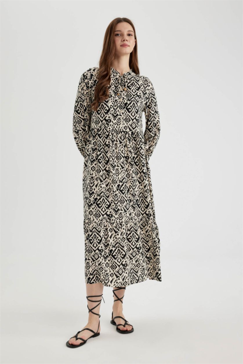 حريمي أسود فستان كم طويل مطبوع بياقة عالية