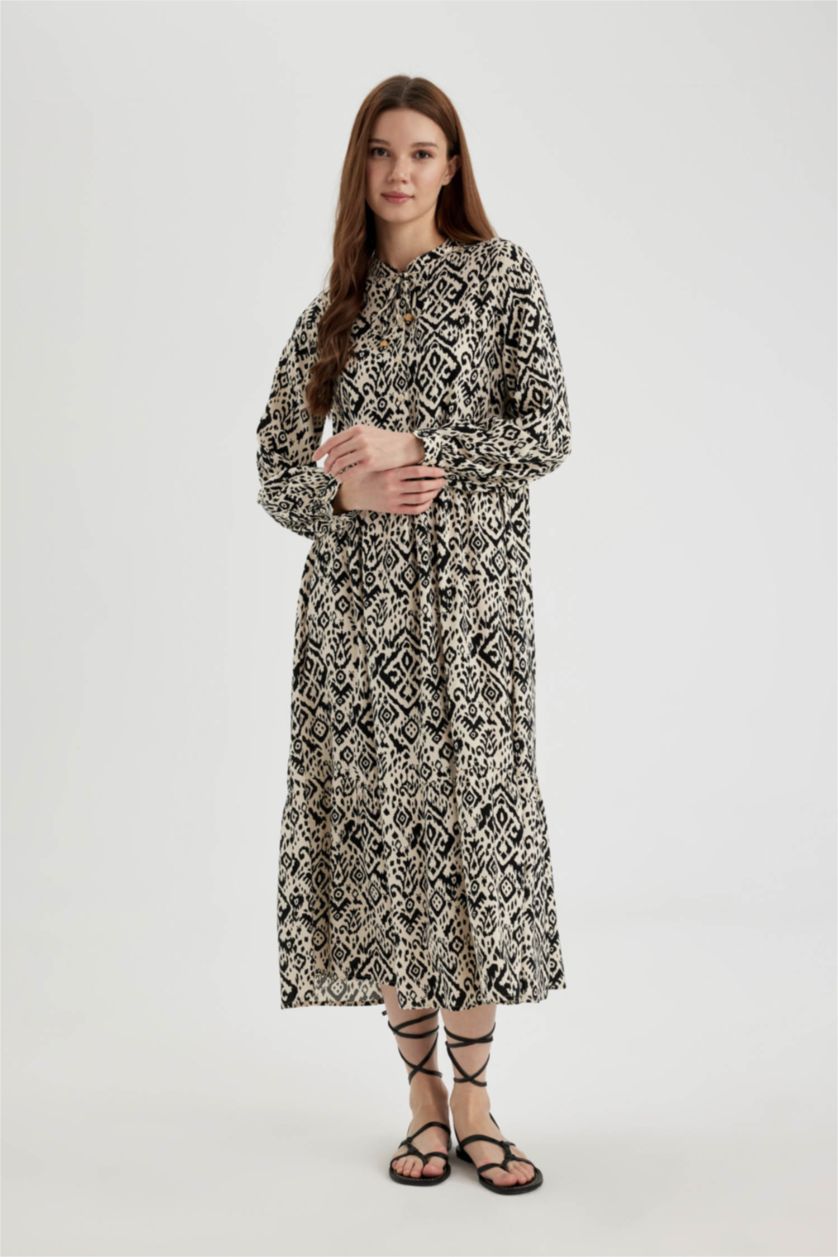 حريمي أسود فستان كم طويل مطبوع بياقة عالية