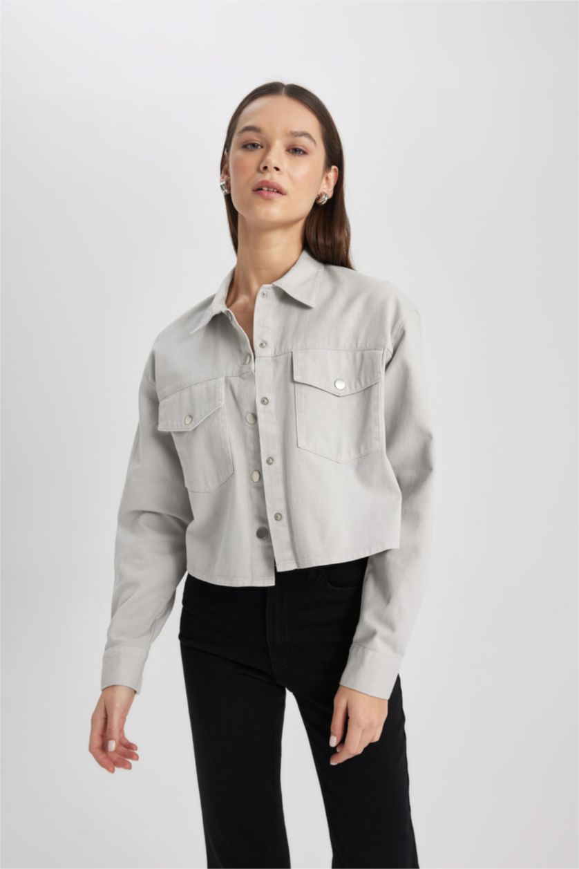 FEMME Gris Clair Chemise Oversize Gabardine Manches Longues