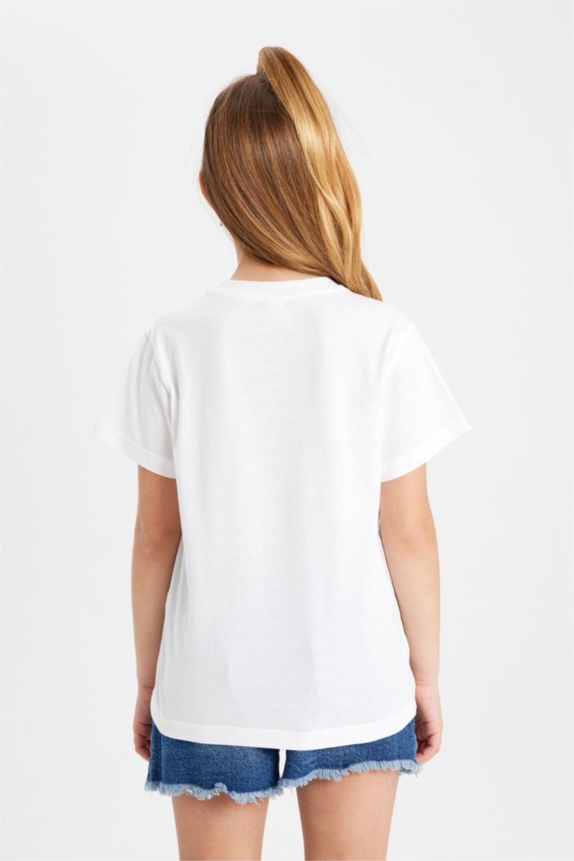 بنات أبيض تيشيرت بنات نص كم مطبوع قصة عادية برقبة مستديرة