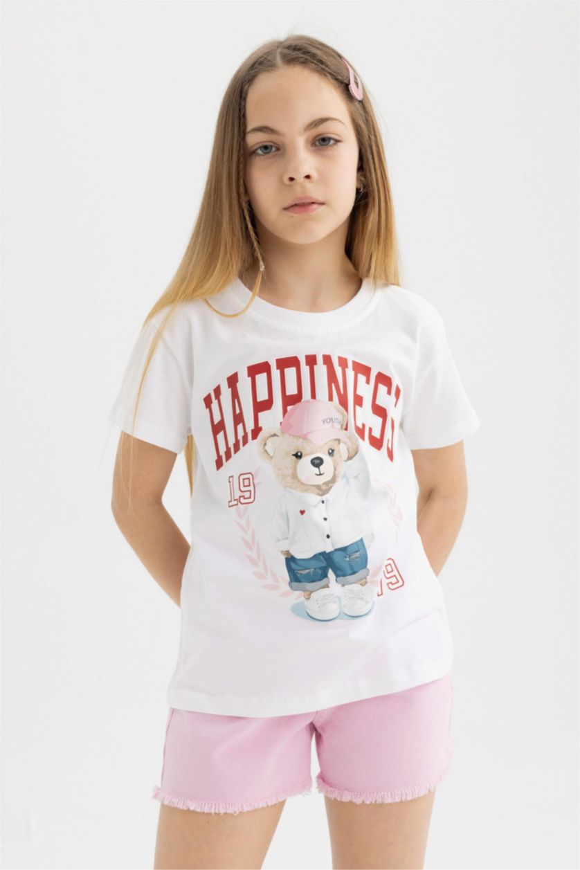GIRLS & TEENS Ecru Girl Teddy Bear Printed Short Sleeve T-Shirt