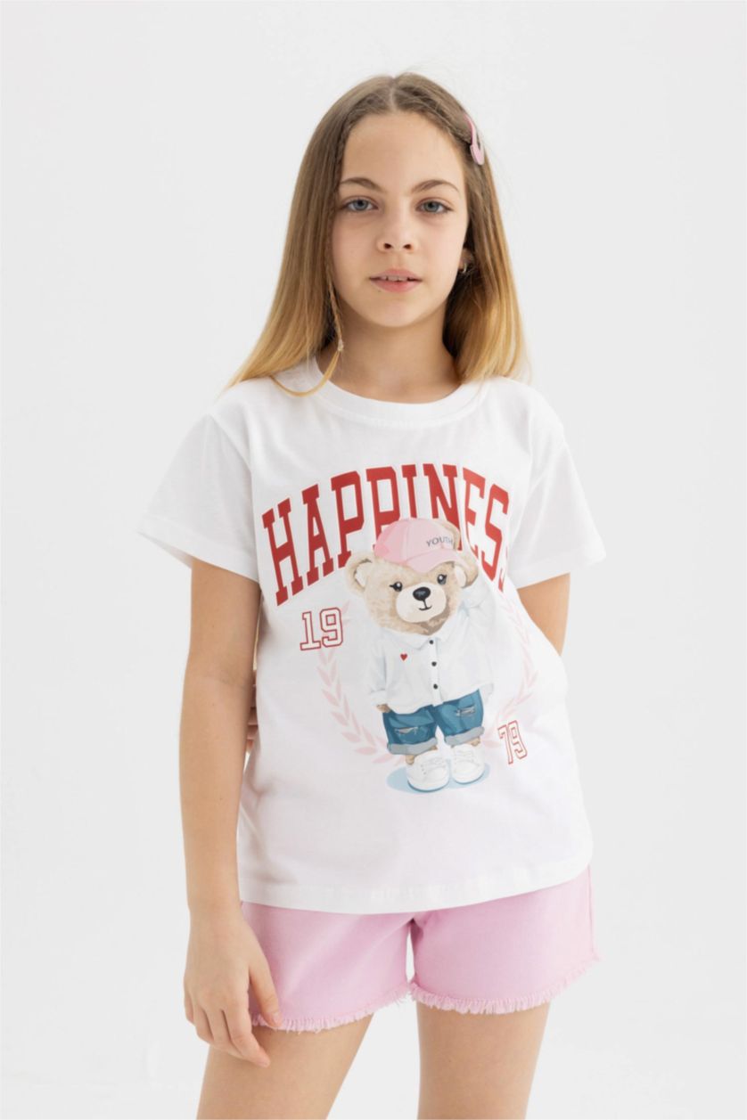 GIRLS & TEENS Ecru Girl Teddy Bear Printed Short Sleeve T-Shirt