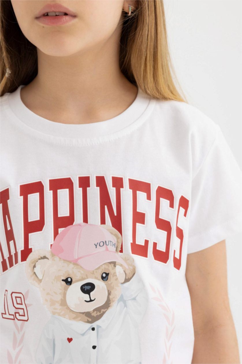 GIRLS & TEENS Ecru Girl Teddy Bear Printed Short Sleeve T-Shirt