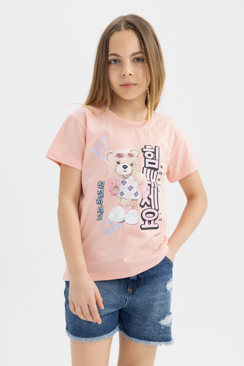 Girls & Teens Pink Girl Teddy Bear Printed Short Sleeve T-Shirt