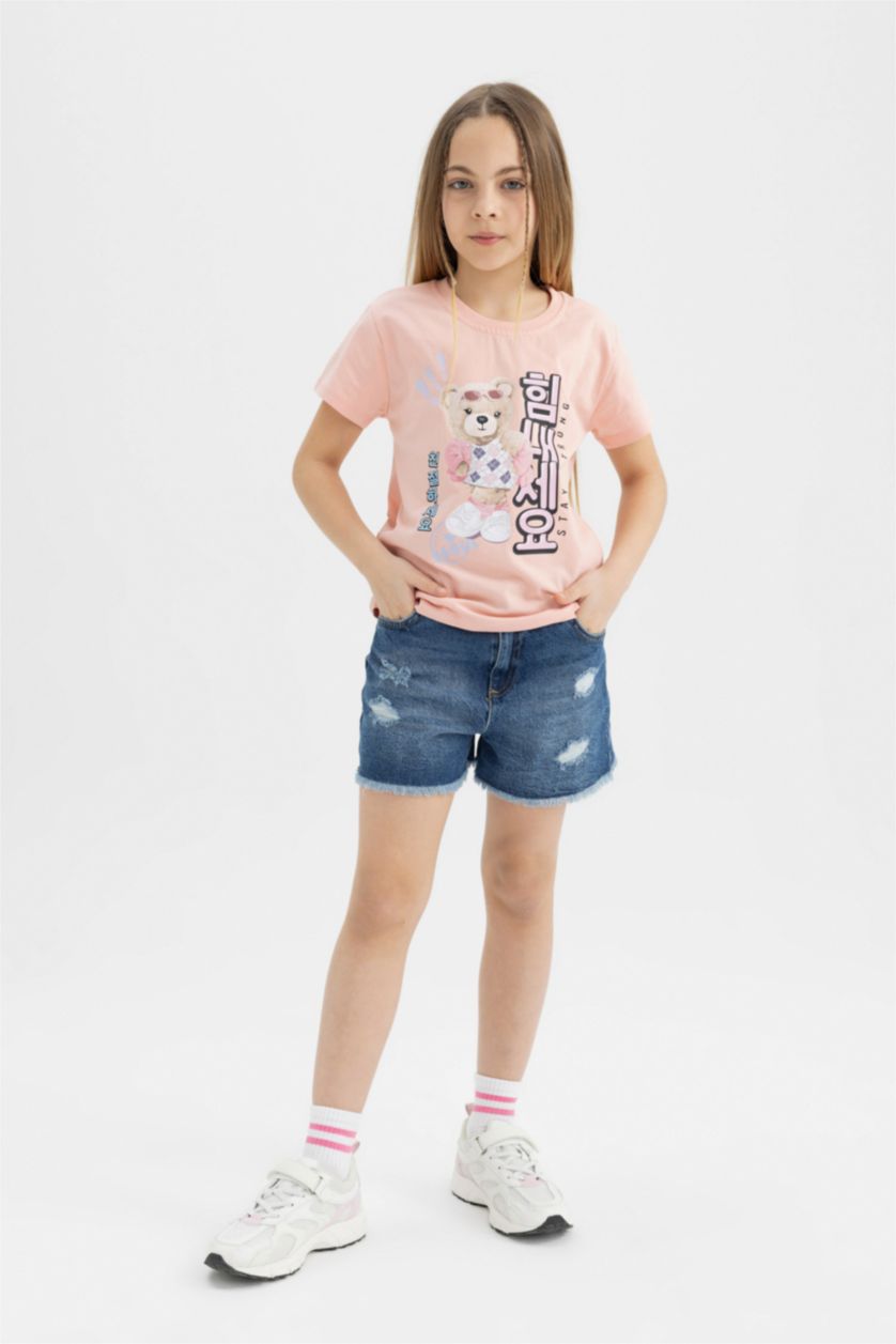 Girls & Teens Pink Girl Teddy Bear Printed Short Sleeve T-Shirt
