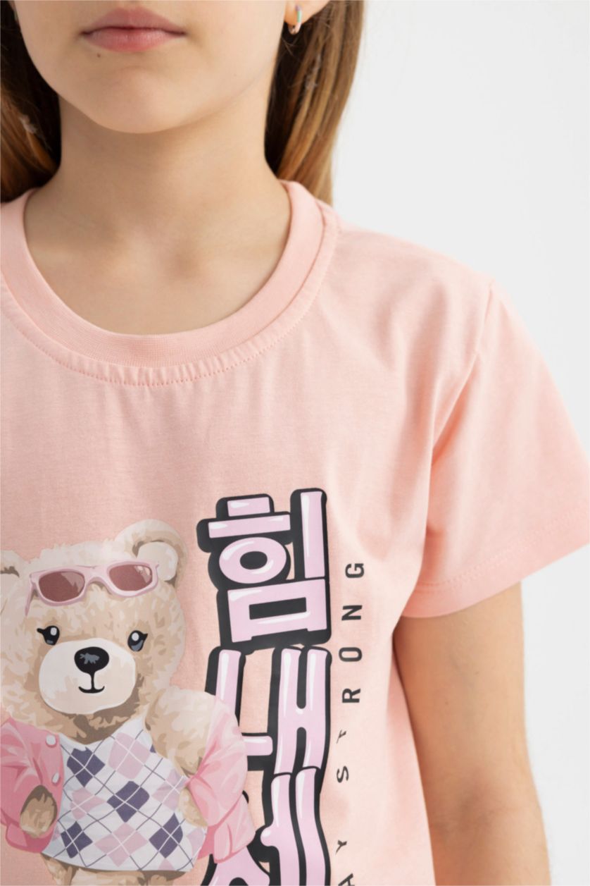 Girls & Teens Pink Girl Teddy Bear Printed Short Sleeve T-Shirt
