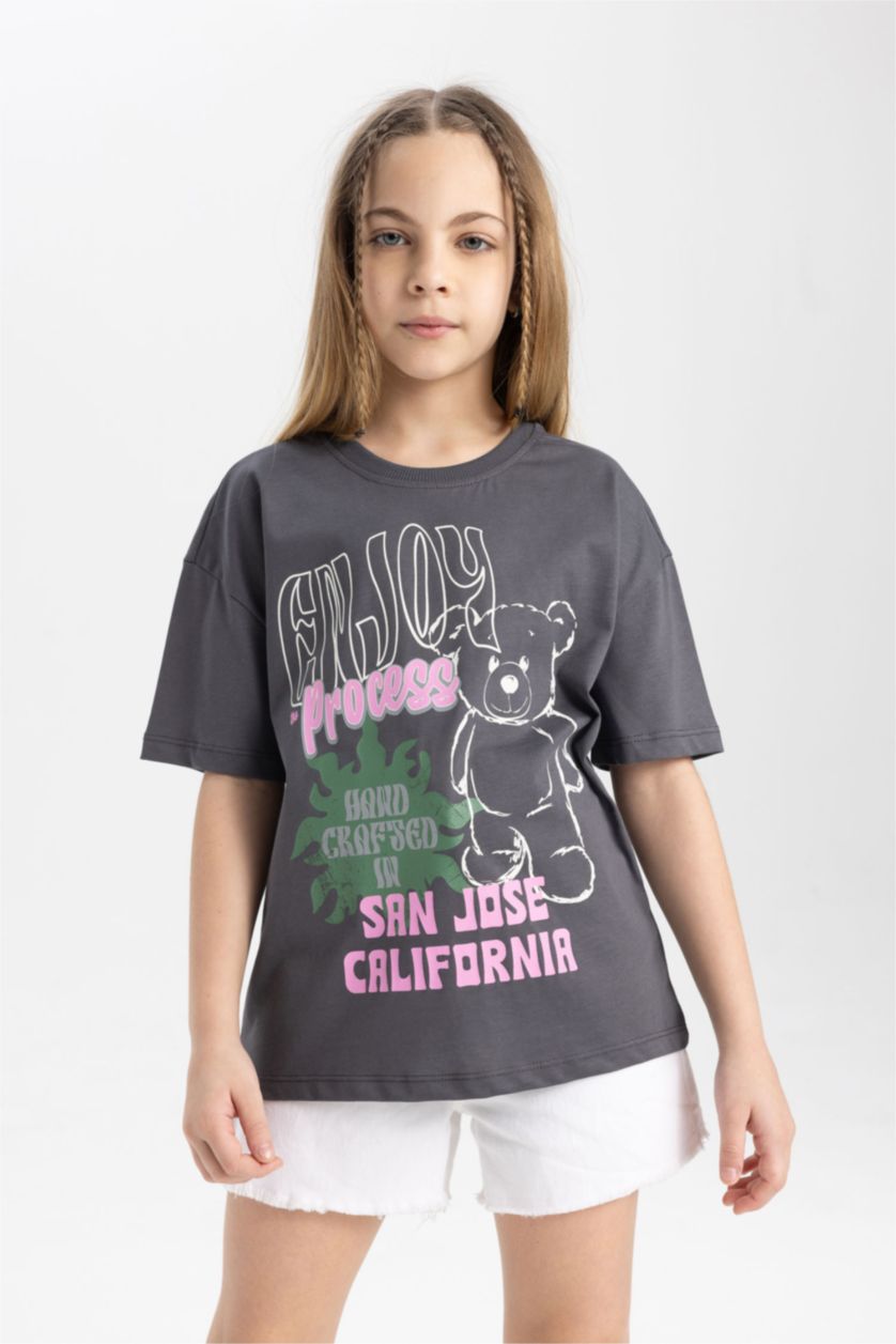 FILLES Anthracite T-shirt à col rond et manches courtes avec imprimé pour fille