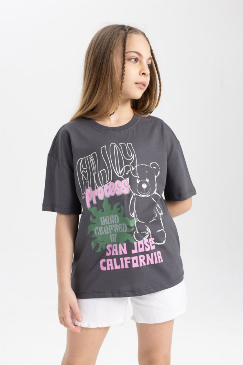 FILLES Anthracite T-shirt à col rond et manches courtes avec imprimé pour fille
