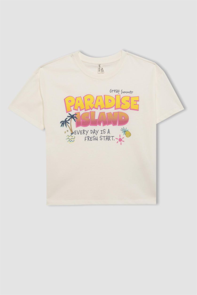 بنات بيج فاتح تيشيرت نص كم قصة مريحة بياقة مستديرة