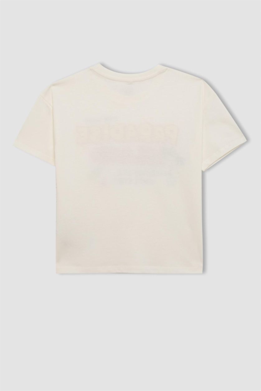 بنات بيج فاتح تيشيرت نص كم قصة مريحة بياقة مستديرة