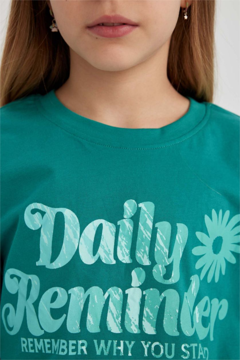 Kız Çocuk - Genç Kız Yeşil Relax Fit Bisiklet Yaka Baskılı Kısa Kollu Tişört Kız Çocuk