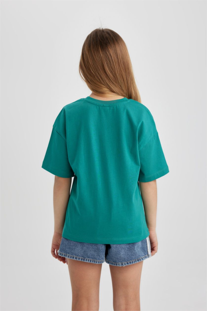 Kız Çocuk - Genç Kız Yeşil Relax Fit Bisiklet Yaka Baskılı Kısa Kollu Tişört Kız Çocuk