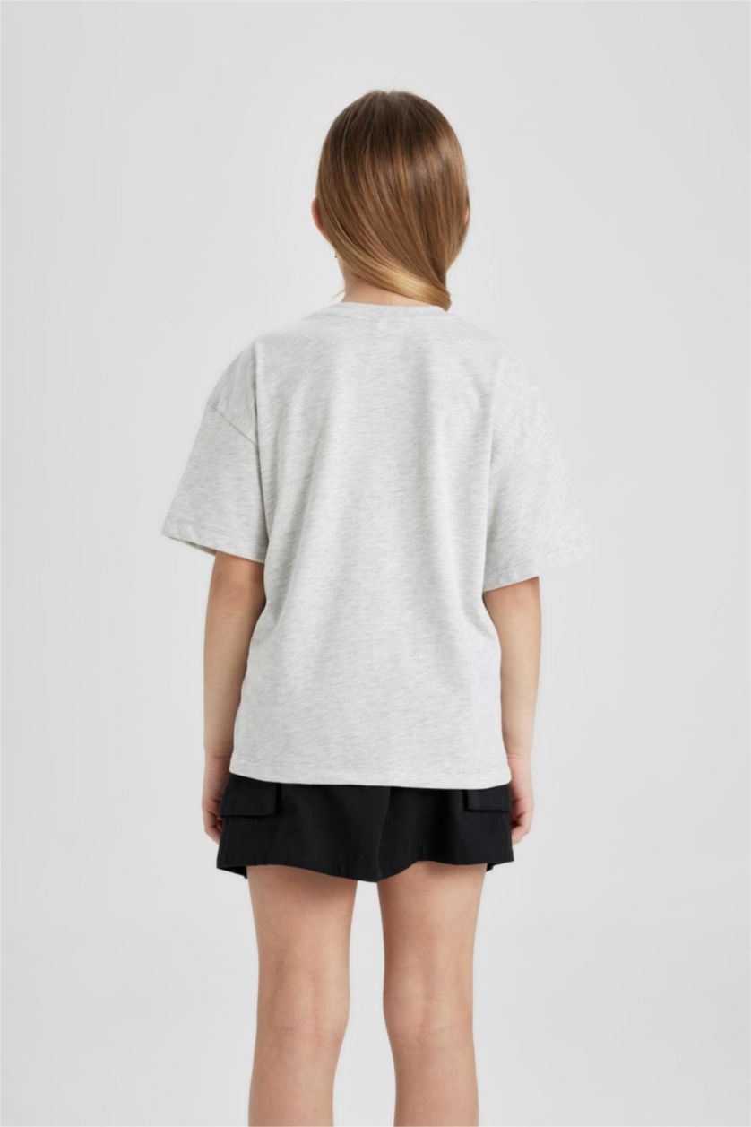 Kız Çocuk - Genç Kız Açık Gri Melange Relax Fit Bisiklet Yaka Baskılı Kısa Kollu Tişört Kız Çocuk