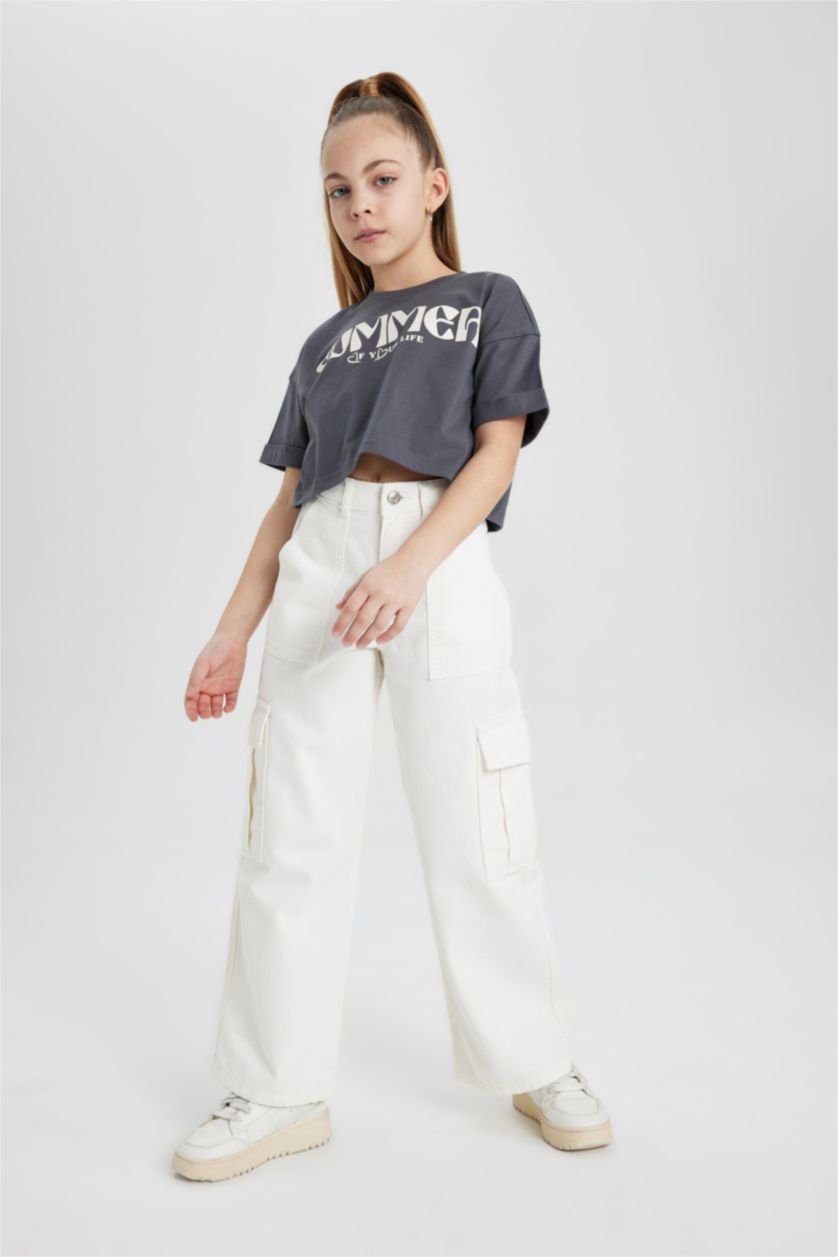 Kız Çocuk - Genç Kız Antrasit Bisiklet Yaka Baskılı Kısa Kollu Tişört Kız Çocuk