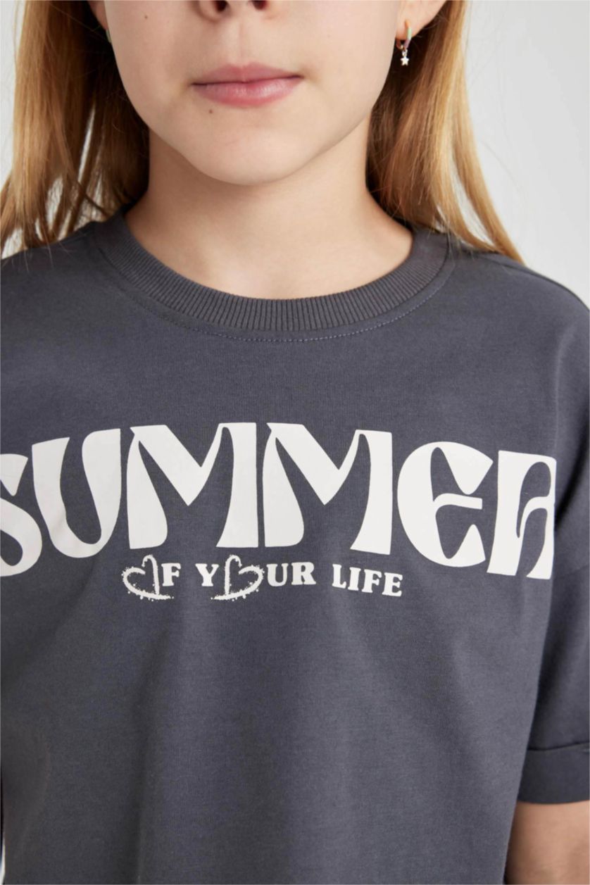 Kız Çocuk - Genç Kız Antrasit Bisiklet Yaka Baskılı Kısa Kollu Tişört Kız Çocuk