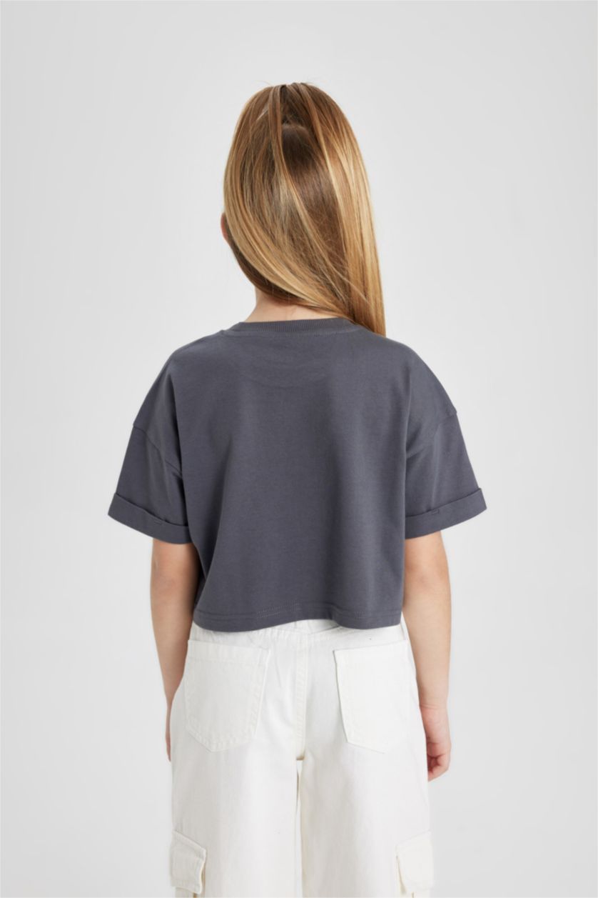 Kız Çocuk - Genç Kız Antrasit Bisiklet Yaka Baskılı Kısa Kollu Tişört Kız Çocuk