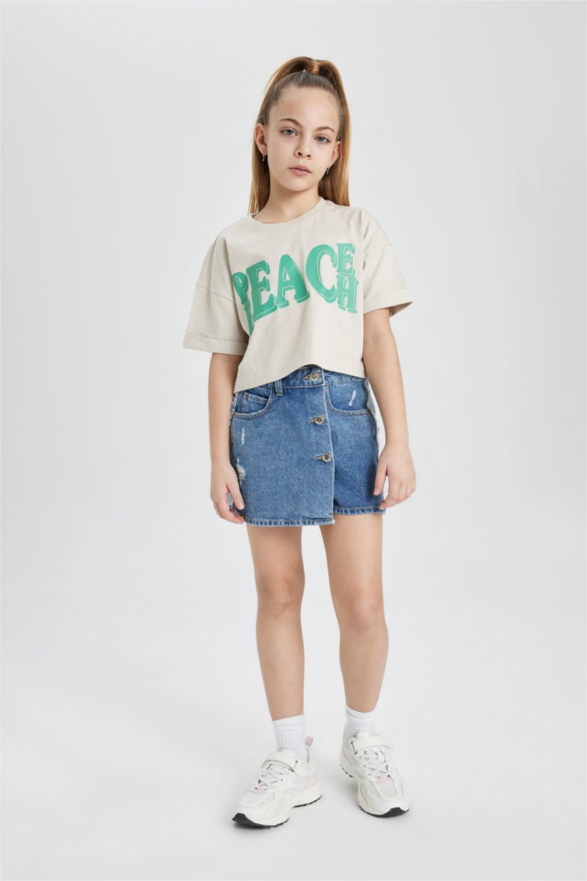 Kız Çocuk - Genç Kız Bej Kız Çocuk Bisiklet Yaka Baskılı Kısa Kollu Tişört
