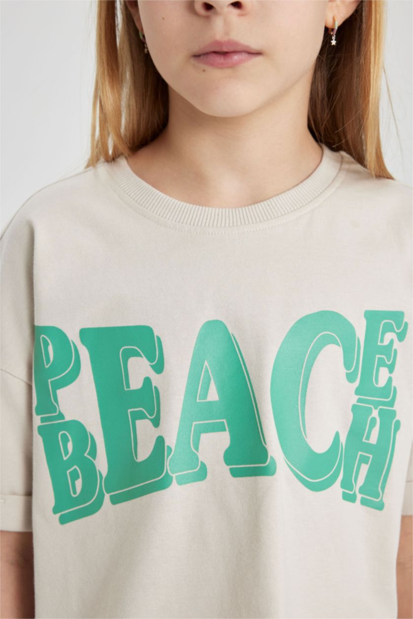 Kız Çocuk - Genç Kız Bej Kız Çocuk Bisiklet Yaka Baskılı Kısa Kollu Tişört