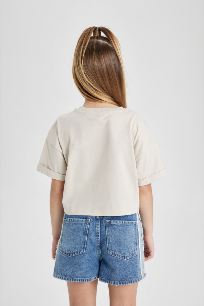 Kız Çocuk - Genç Kız Bej Kız Çocuk Bisiklet Yaka Baskılı Kısa Kollu Tişört