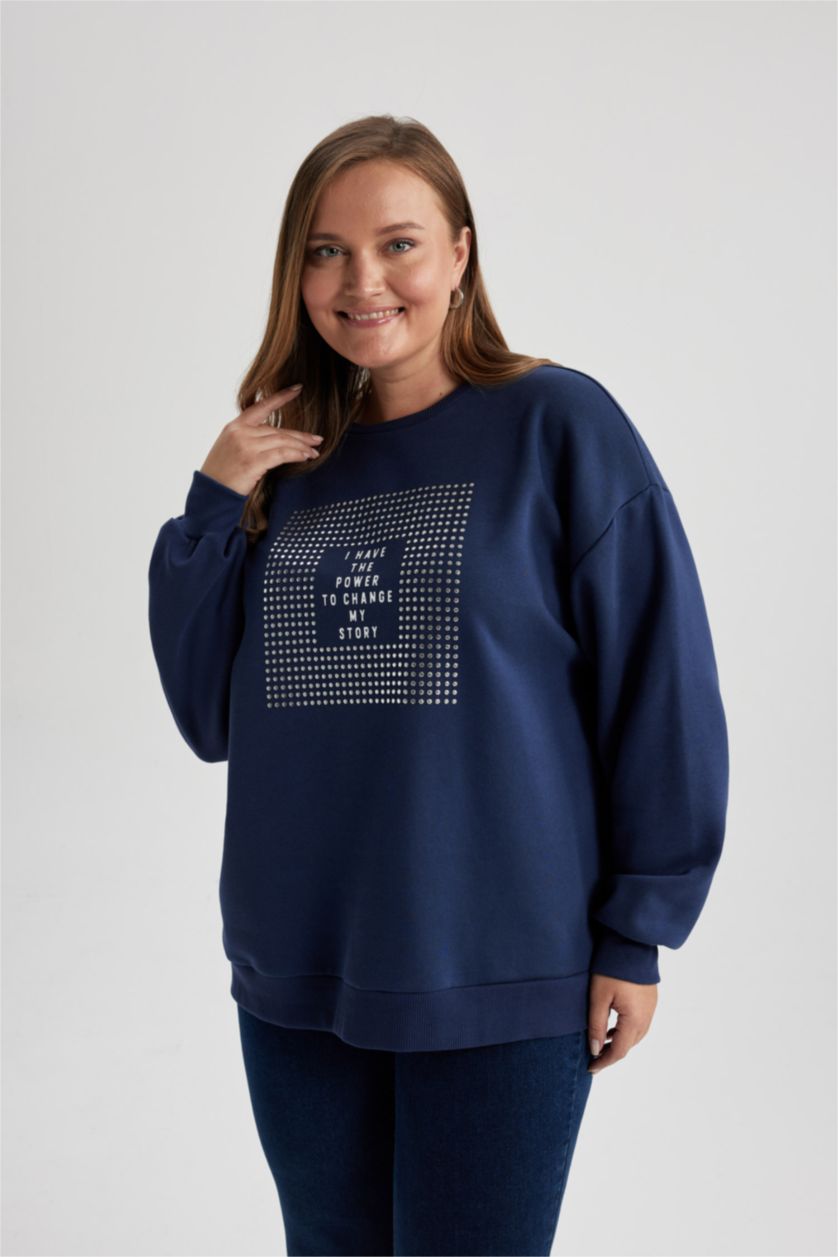 حريمي كحلي سويت شيرت اوفر سايز تقيل بطبعة شعار