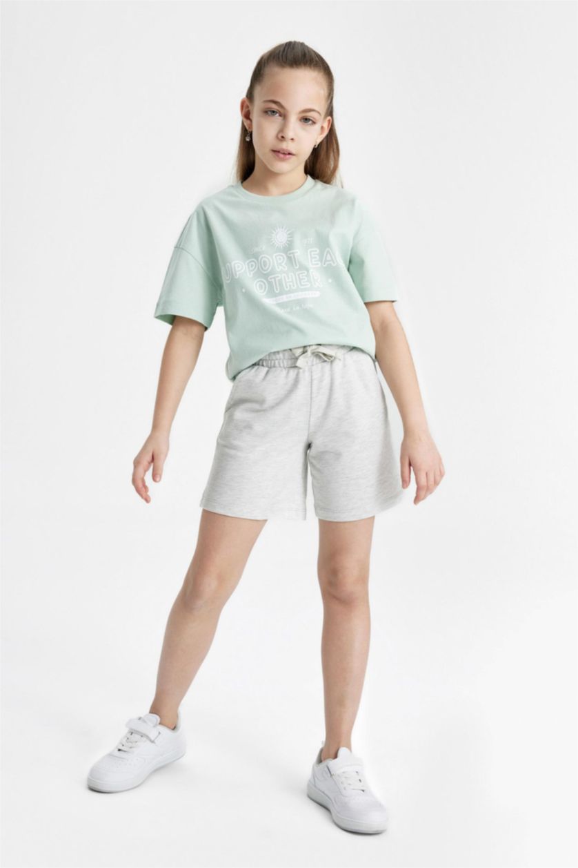 Kız Çocuk - Genç Kız Açık Gri Melange Basic Bermuda Şort Kız Çocuk