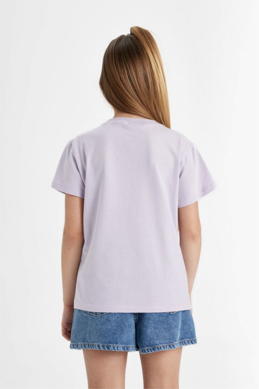 Kız Çocuk - Genç Kız Açık Lila Kız Çocuk Bisiklet Yaka Baskılı Kısa Kollu Tişört