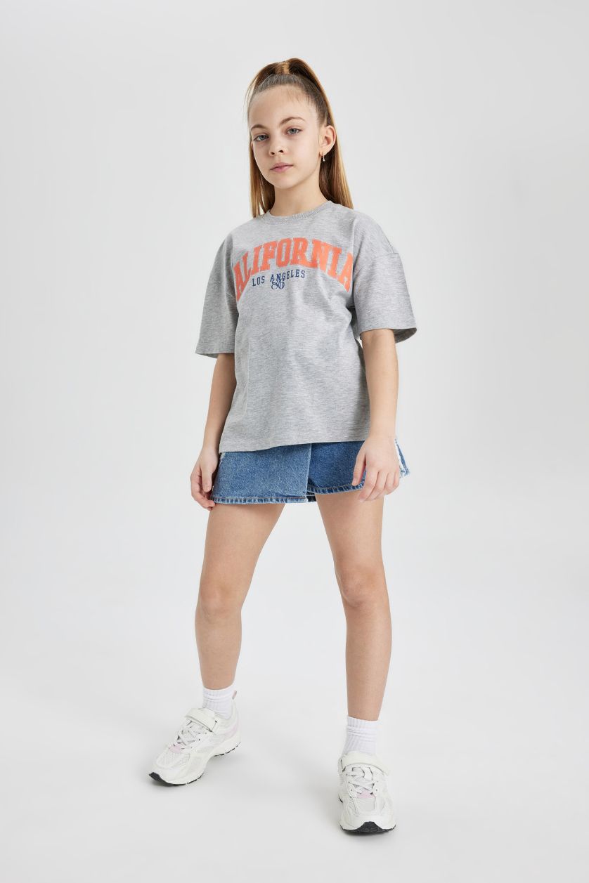 Kız Çocuk - Genç Kız Açık Gri Melange Kız Çocuk Bisiklet Yaka Baskılı Kısa Kollu Tişört
