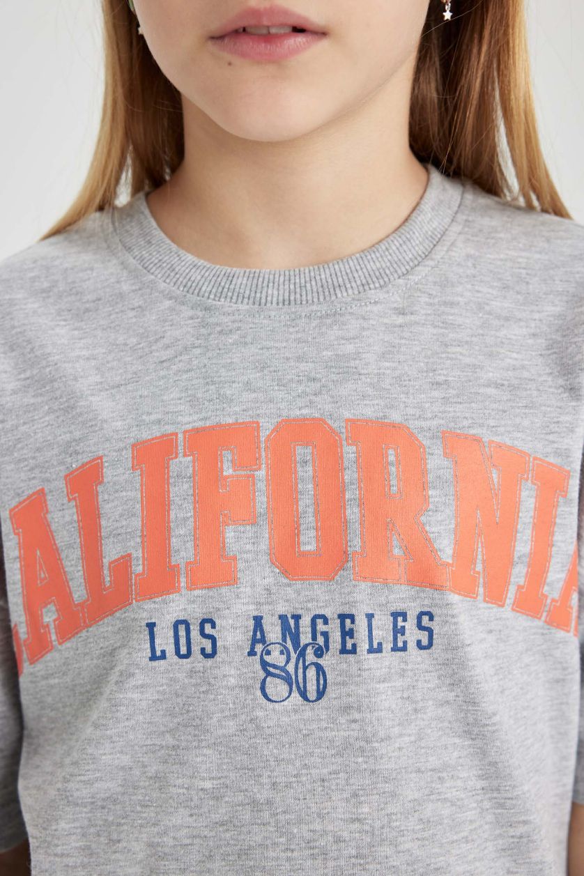 Kız Çocuk - Genç Kız Açık Gri Melange Kız Çocuk Bisiklet Yaka Baskılı Kısa Kollu Tişört