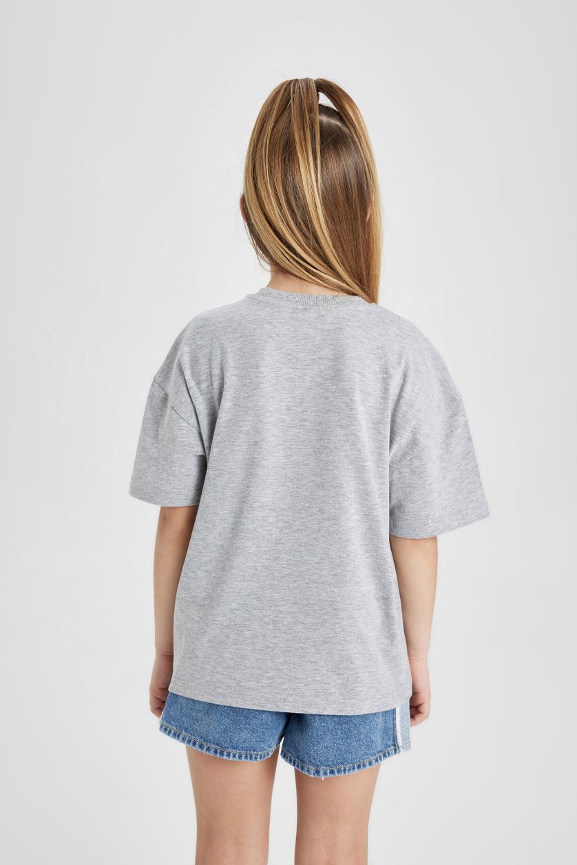 Kız Çocuk - Genç Kız Açık Gri Melange Kız Çocuk Bisiklet Yaka Baskılı Kısa Kollu Tişört