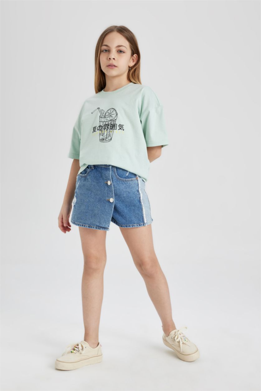 Kız Çocuk - Genç Kız Mint Oversize Geniş Kalıp Bisiklet Yaka Baskılı Kısa Kollu Tişört Kız Çocuk