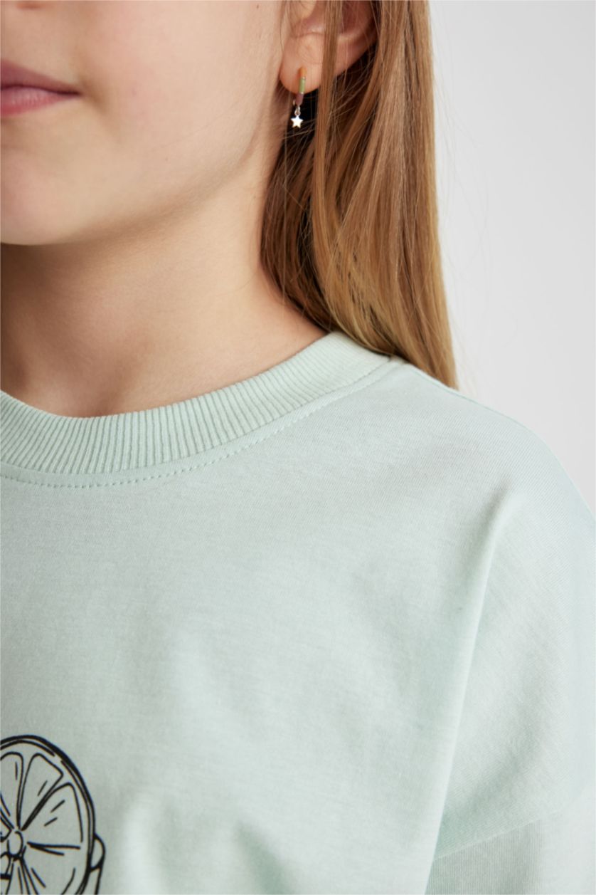 Kız Çocuk - Genç Kız Mint Oversize Geniş Kalıp Bisiklet Yaka Baskılı Kısa Kollu Tişört Kız Çocuk