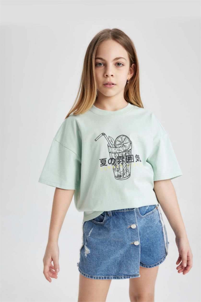 Kız Çocuk - Genç Kız Mint Oversize Geniş Kalıp Bisiklet Yaka Baskılı Kısa Kollu Tişört Kız Çocuk