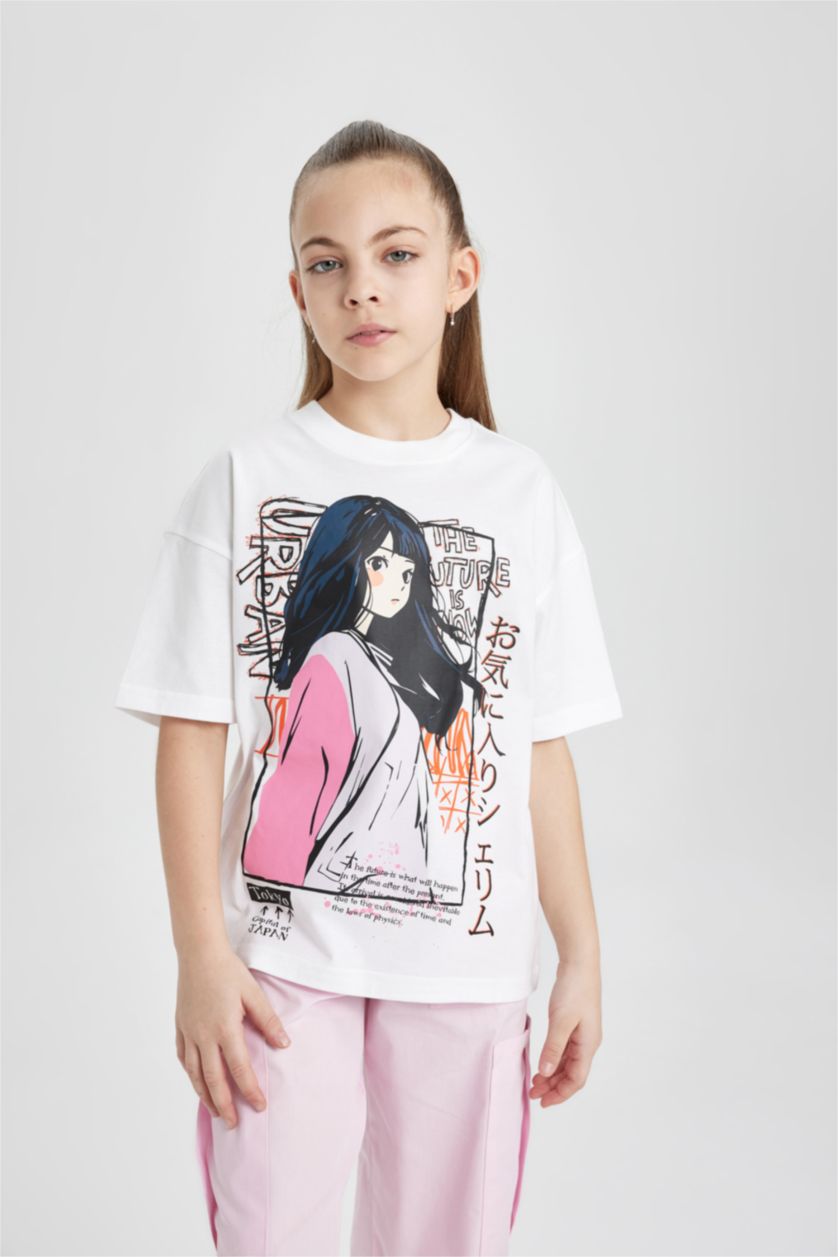 Kız Çocuk - Genç Kız Beyaz Kız Çocuk Oversize Geniş Kalıp Bisiklet Yaka Baskılı Kısa Kollu Tişört