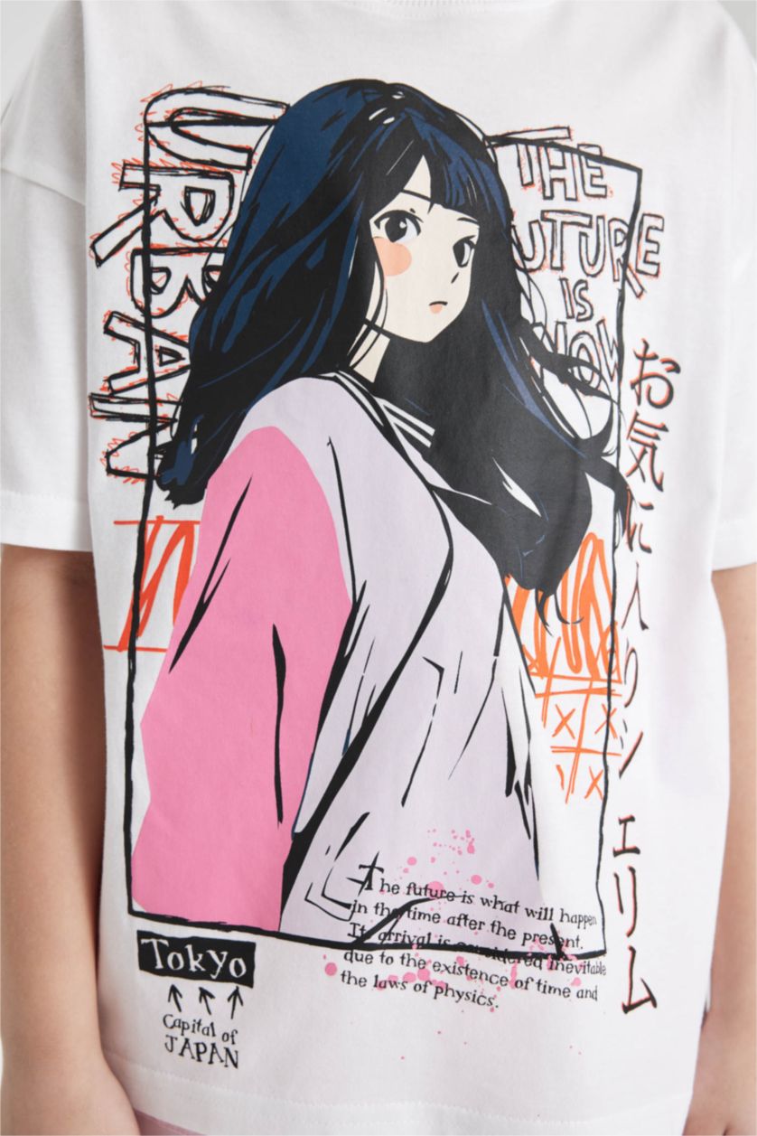 Kız Çocuk - Genç Kız Beyaz Kız Çocuk Oversize Geniş Kalıp Bisiklet Yaka Baskılı Kısa Kollu Tişört