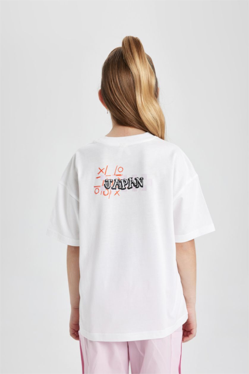 Kız Çocuk - Genç Kız Beyaz Kız Çocuk Oversize Geniş Kalıp Bisiklet Yaka Baskılı Kısa Kollu Tişört