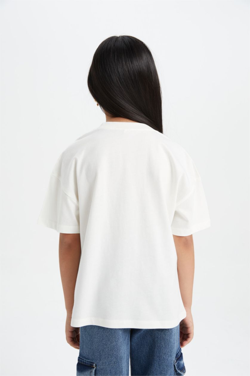 Kız Çocuk - Genç Kız Ekru Kız Çocuk Oversize Geniş Kalıp Bisiklet Yaka Baskılı Kısa Kollu Tişört