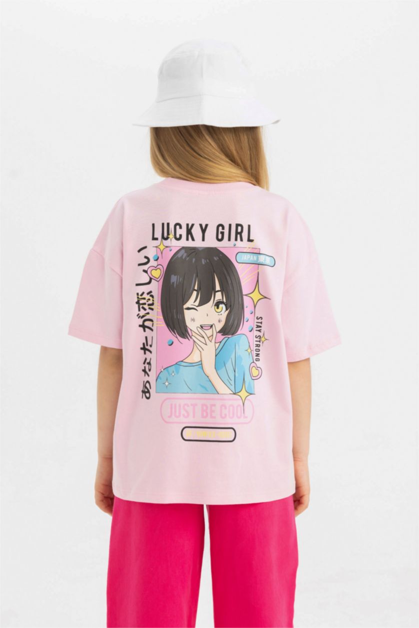 بنات زهري تيشيرت بناتي نص ردن اوفر سايز بطبعة من الخلف