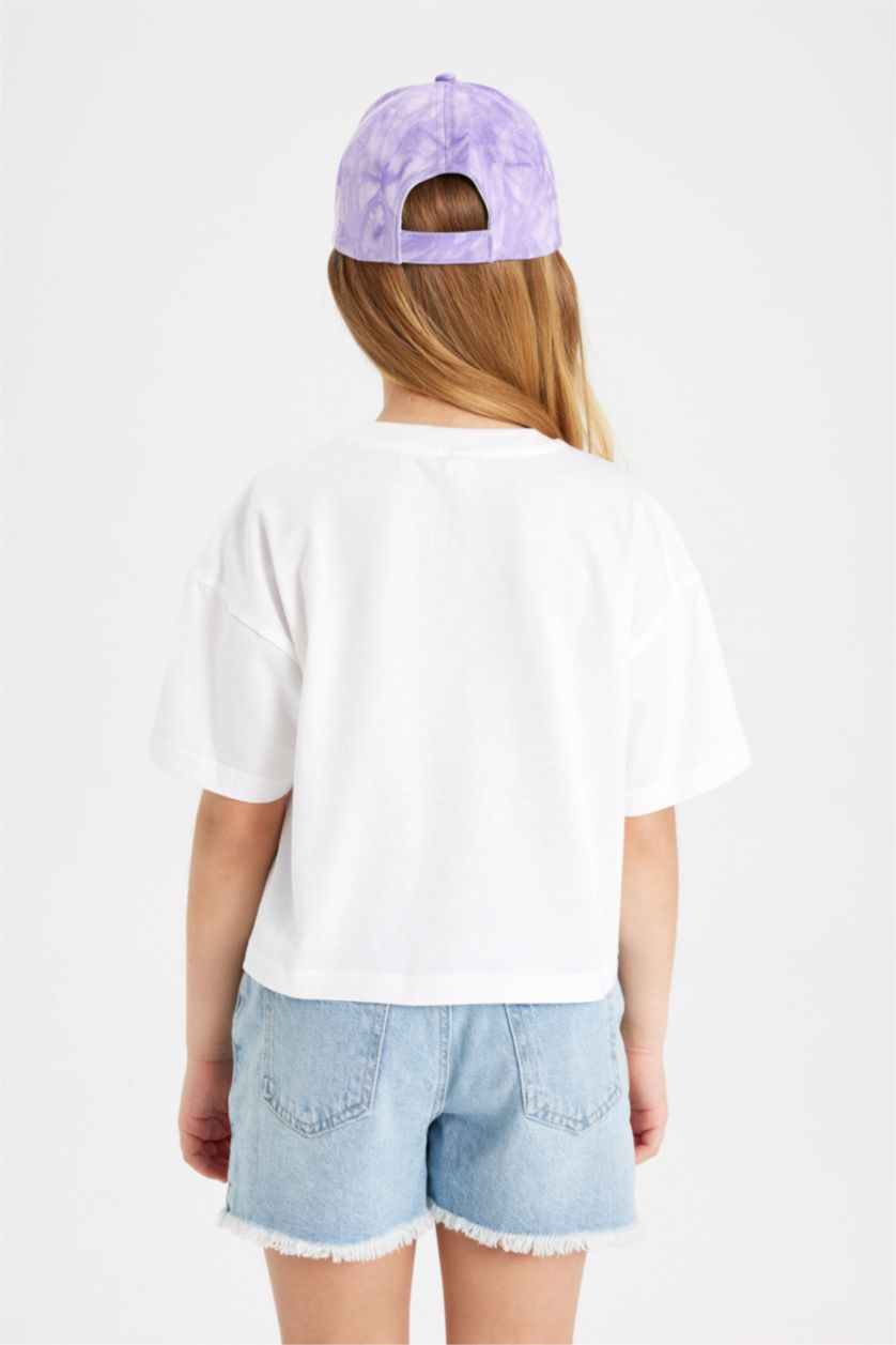 Kız Çocuk - Genç Kız Beyaz Bisiklet Yaka Baskılı Kısa Kollu Tişört Kız Çocuk