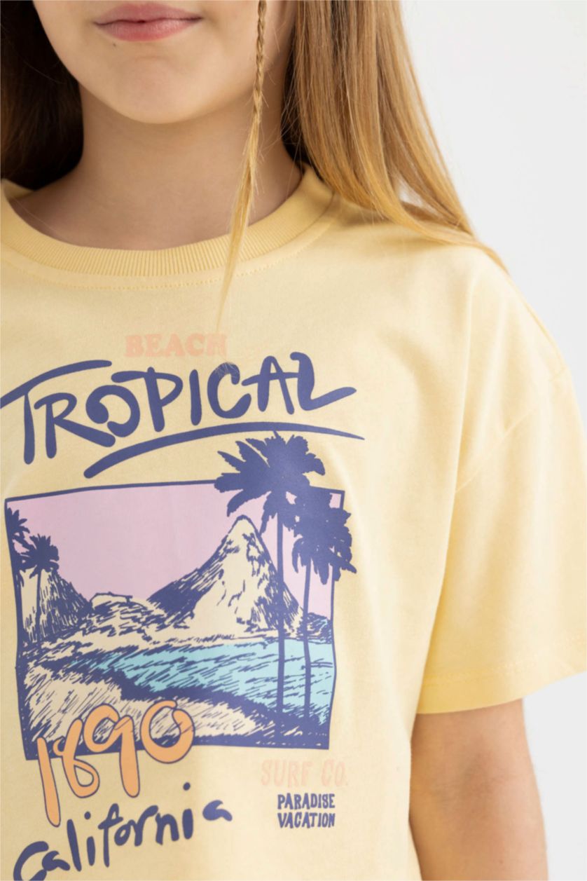 بنات أصفر تيشيرت بناتي نص ردن بياخة مستديرة