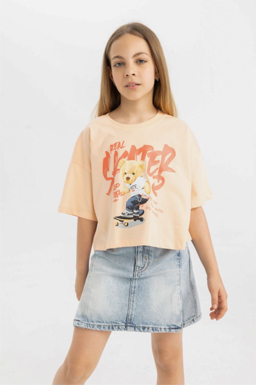 بنات سيموني تيشيرت بناتي نص ردن مطبوع وياخة مستديرة