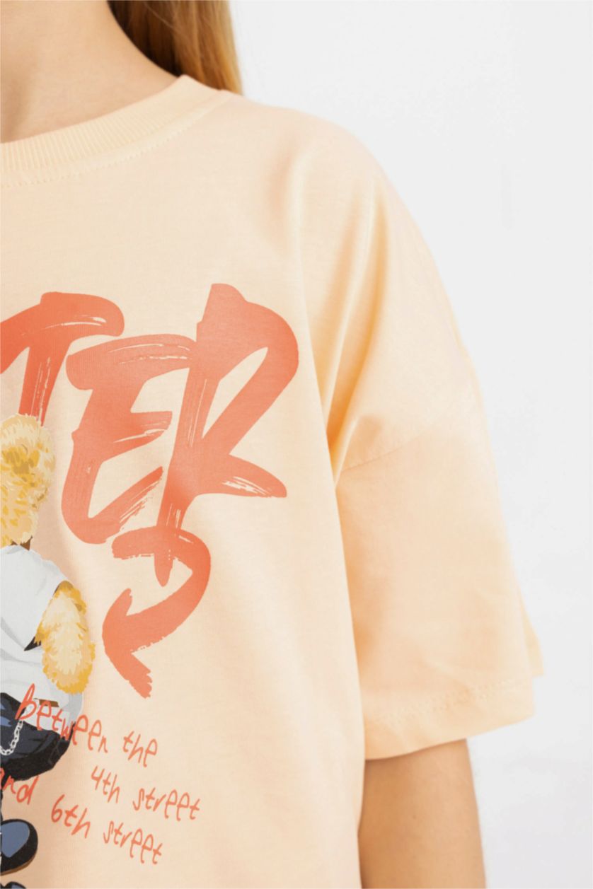 بنات سيموني تيشيرت بناتي نص ردن مطبوع وياخة مستديرة