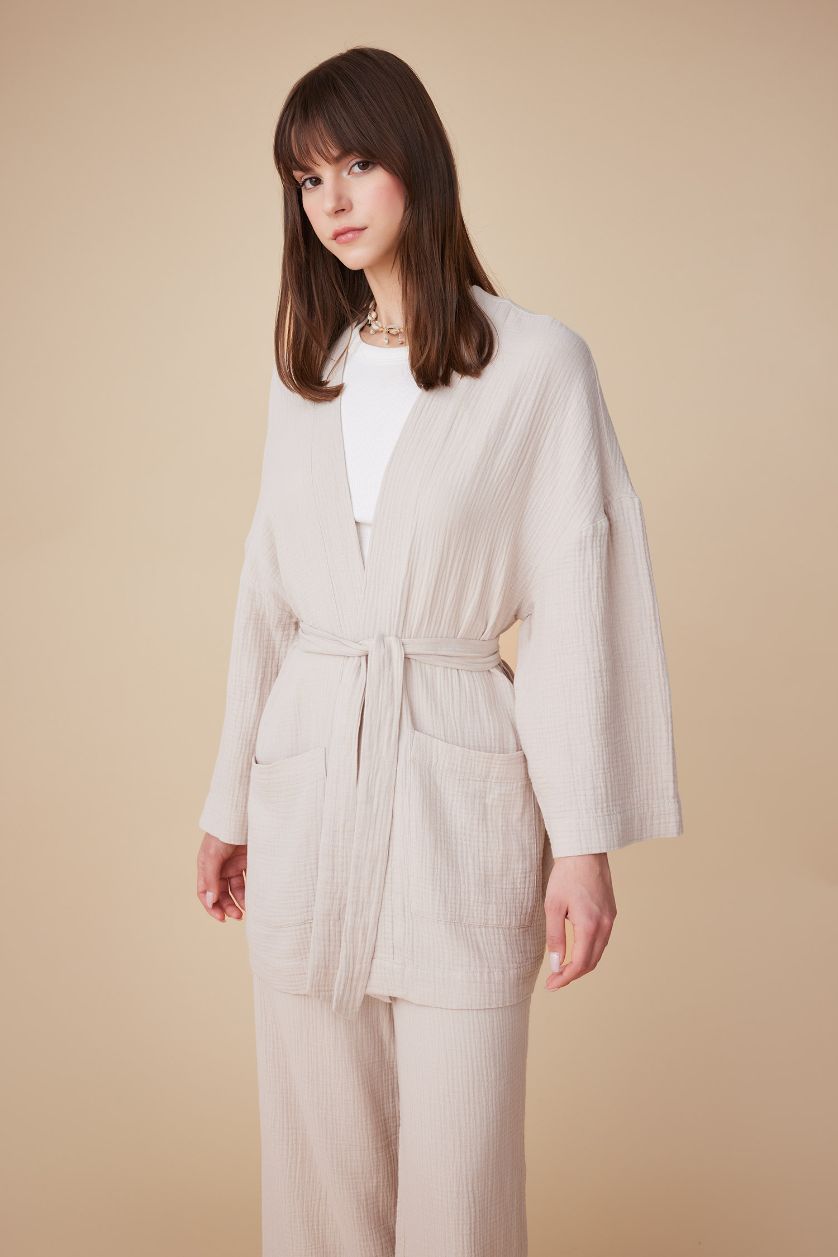 Woman Sand Regular Fit V-Neck Muslin Kimono
